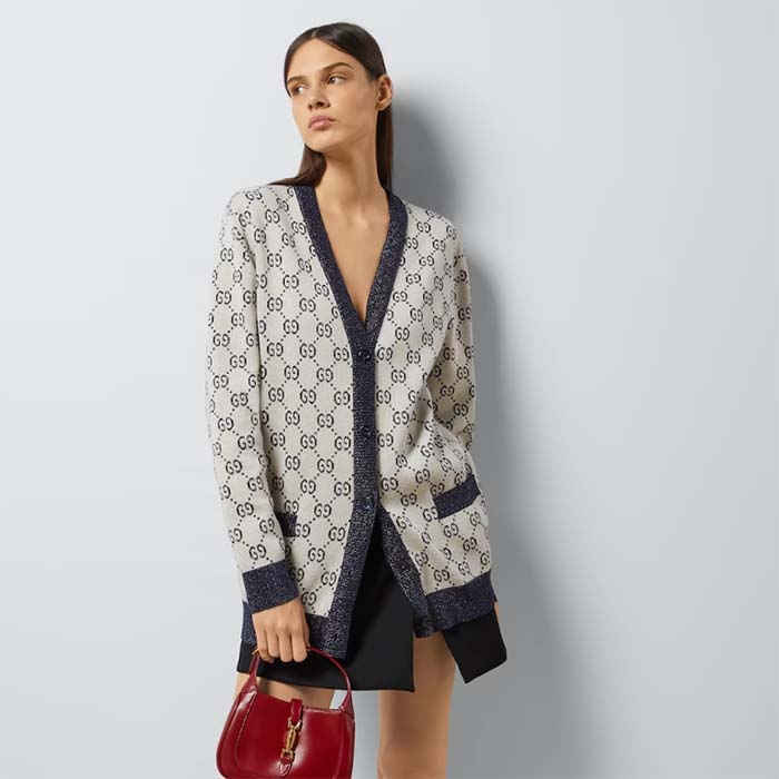Gucci Women GG Cotton Jacquard Cardigan V-Neck Two Front Pockets