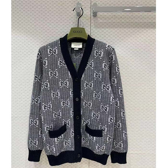 Gucci Women GG Wool Jacquard Cardigan Grey V-Neck Long Sleeves Front Pockets