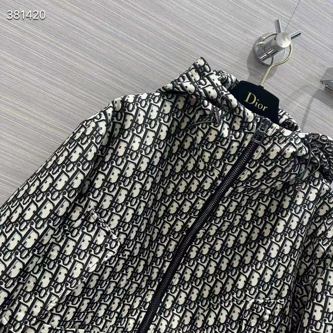 Dior Men CD Waterproof Hooded Jacket Blue Technical Taffeta Jacquard Dior Oblique Motif