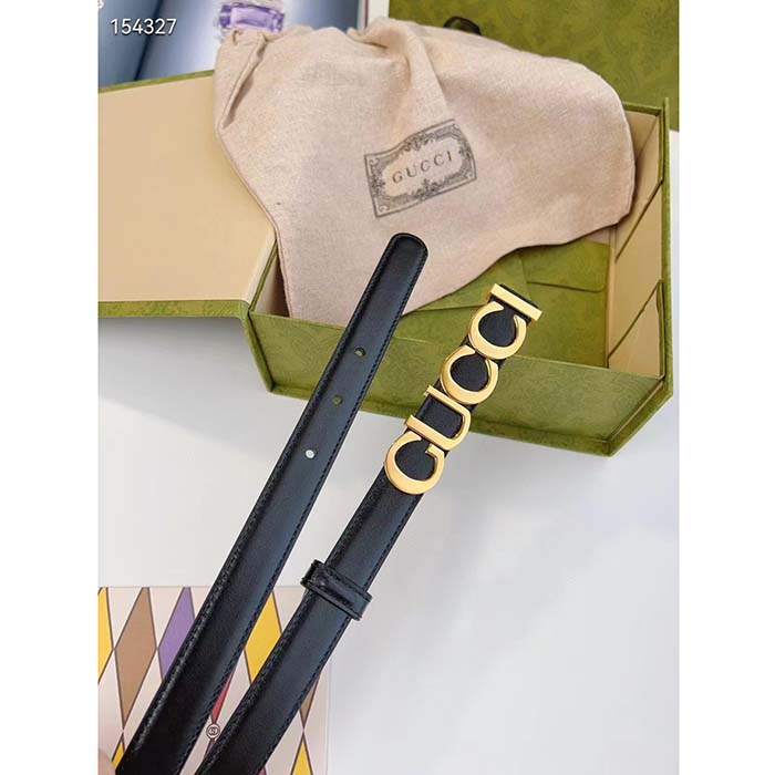 Gucci Unisex Buckle Thin Belt Black Leather Gold-Toned Hardware 2 CM Width