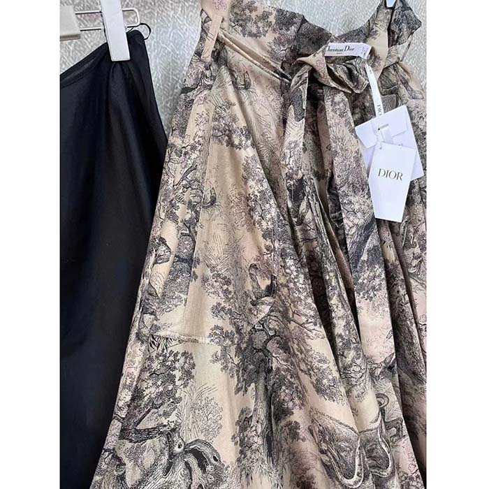 Dior Women CD Mid-Length Skirt White Navy Blue Toile De Jouy Cotton Muslin