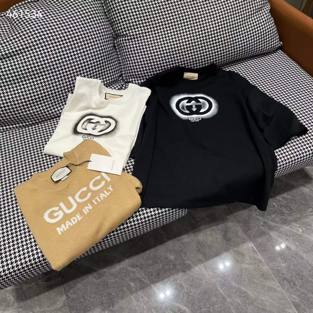 Gucci GG Men Cotton Jersey T-Shirt Crewneck Dropped Shoulder Short Sleeves