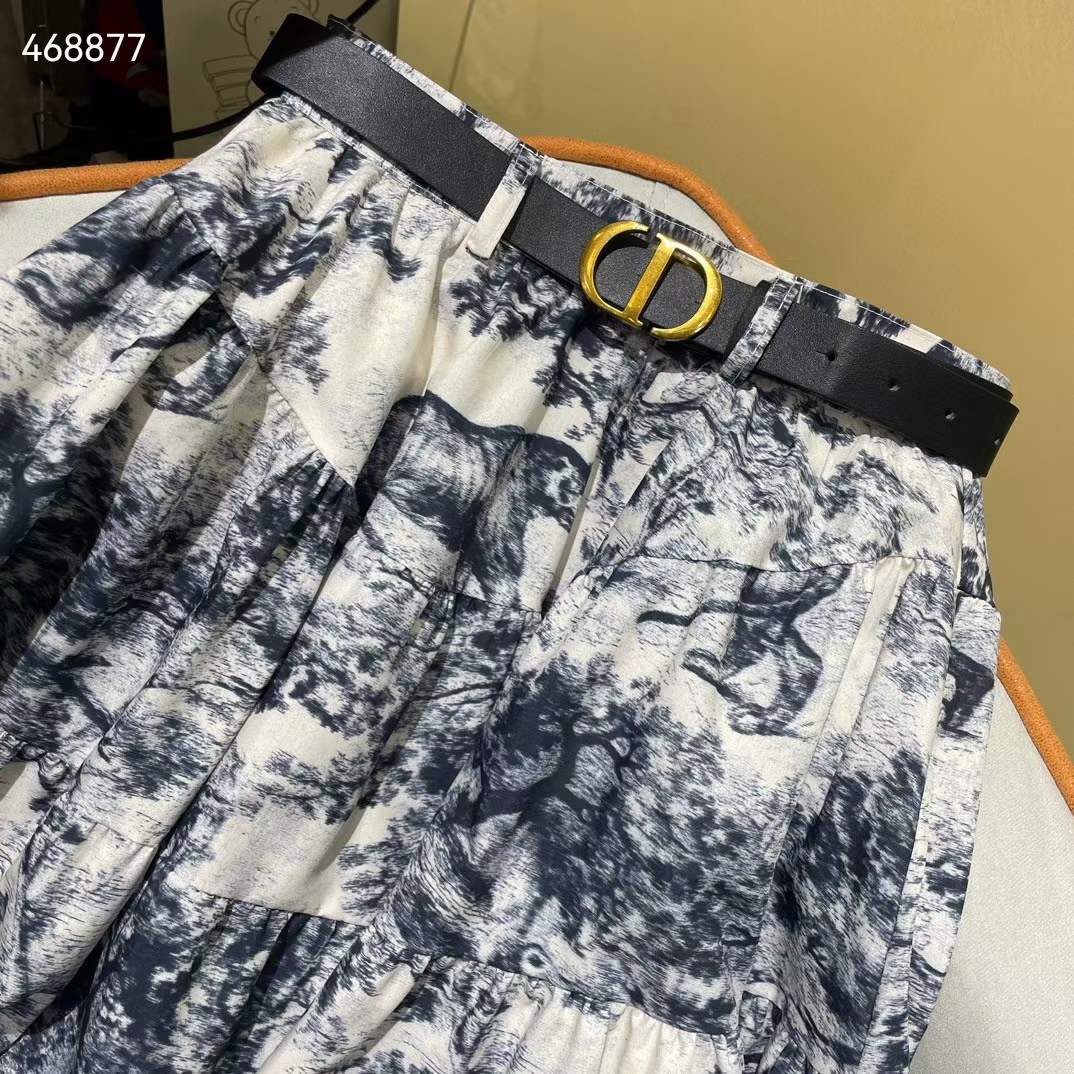 Dior Women CD Mid-Length Skirt White Navy Blue Toile De Jouy Cotton