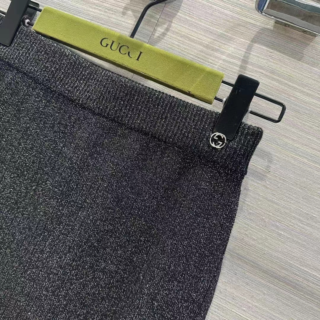 Gucci GG Women Rib Stitch Viscose Lamé Skirt Interlocking G Slip Lining Elastic Waist