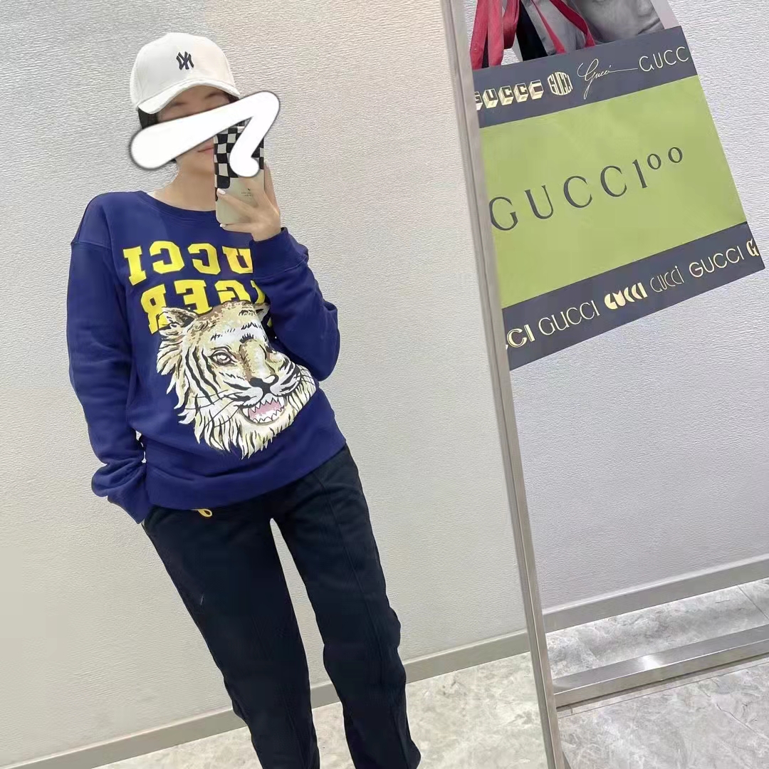 Gucci Women GG Tiger Cotton Sweatshirt Blue Felted Jersey Crewneck