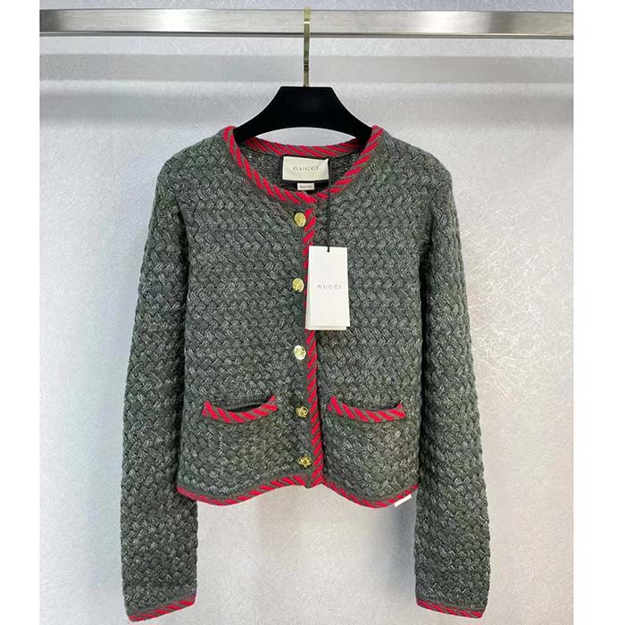 Gucci Women GG Cable Knit Wool Jacket Dark Green Cable Knit Wool Green Red Stripe