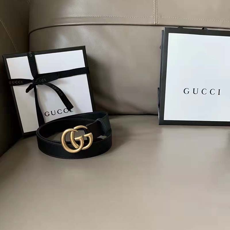 Gucci Unisex Slim Leather Belt Double G Buckle Black Leather 3 cm Width