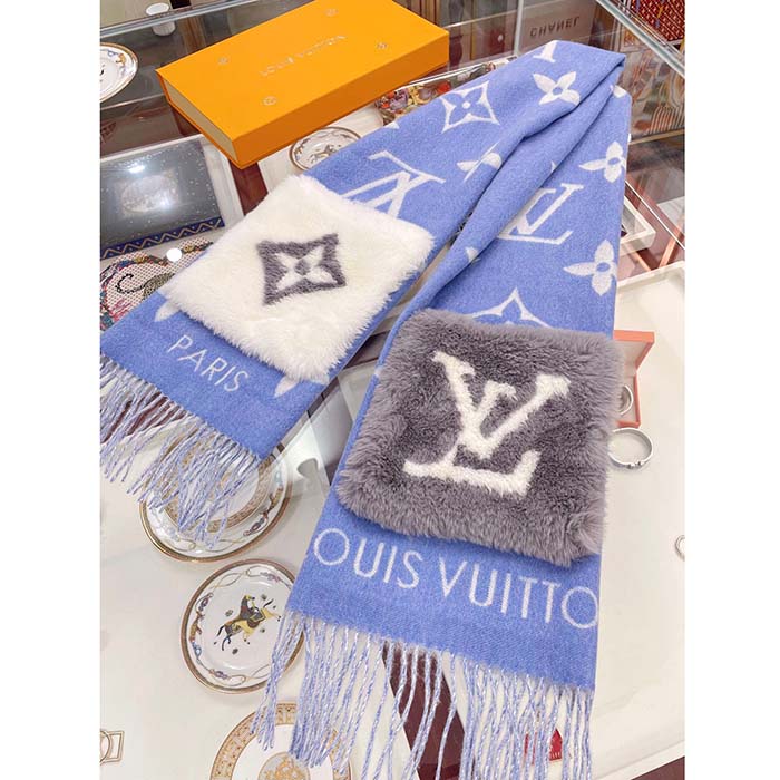 Louis Vuitton LV Unisex Cold Reykjavik Scarf Denim Blue Allover Monogram Flowers Cashmere