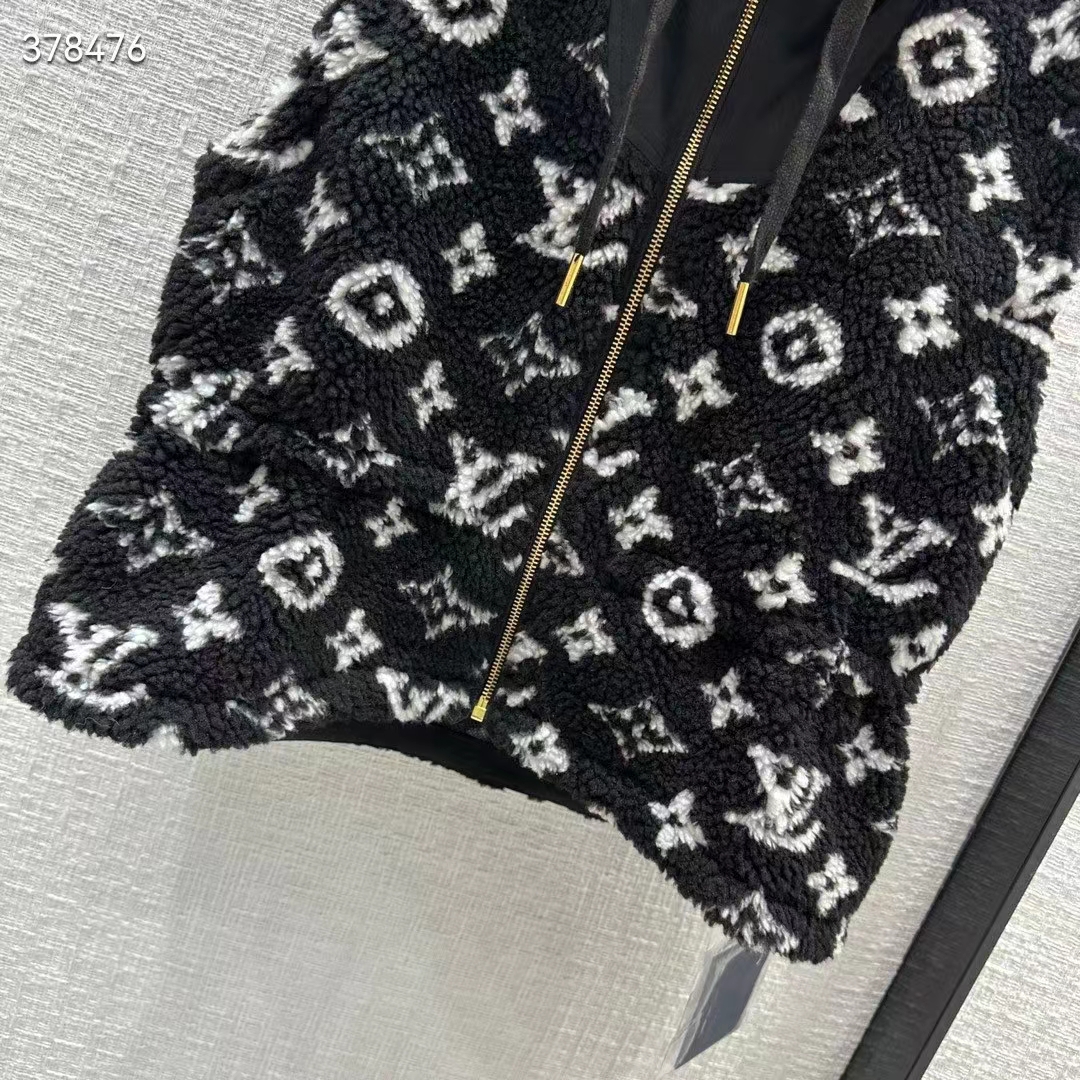 Louis Vuitton LV Women Sleeveless Hooded Monogram Teddy Jacket Acrylic Wool Black White