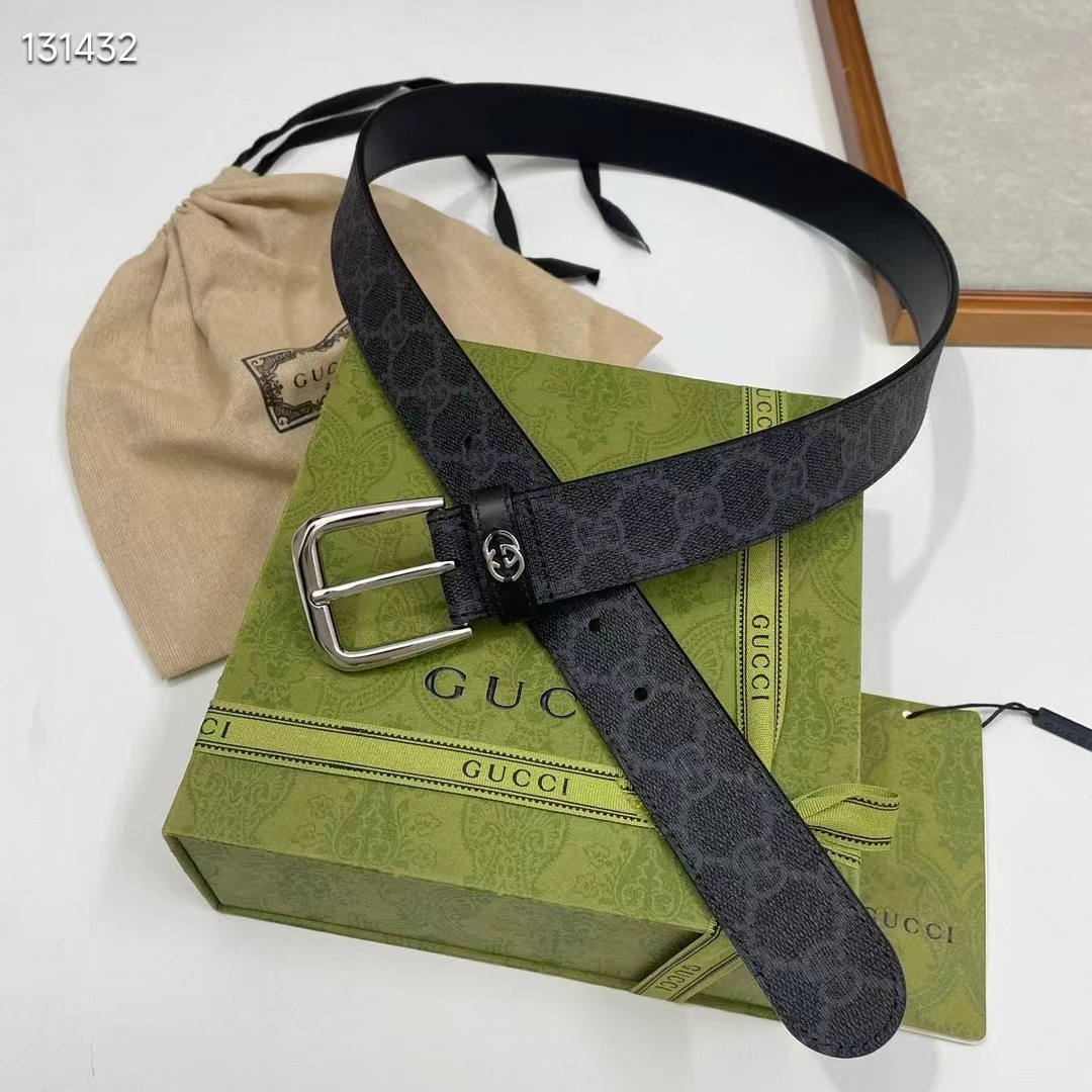 Gucci GG Unisex Belt Interlockig G Black GG Supreme Canvas Leather Square Buckle