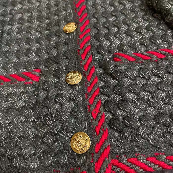 Gucci Women GG Cable Knit Wool Jacket Dark Green Collarless Wool Cotton