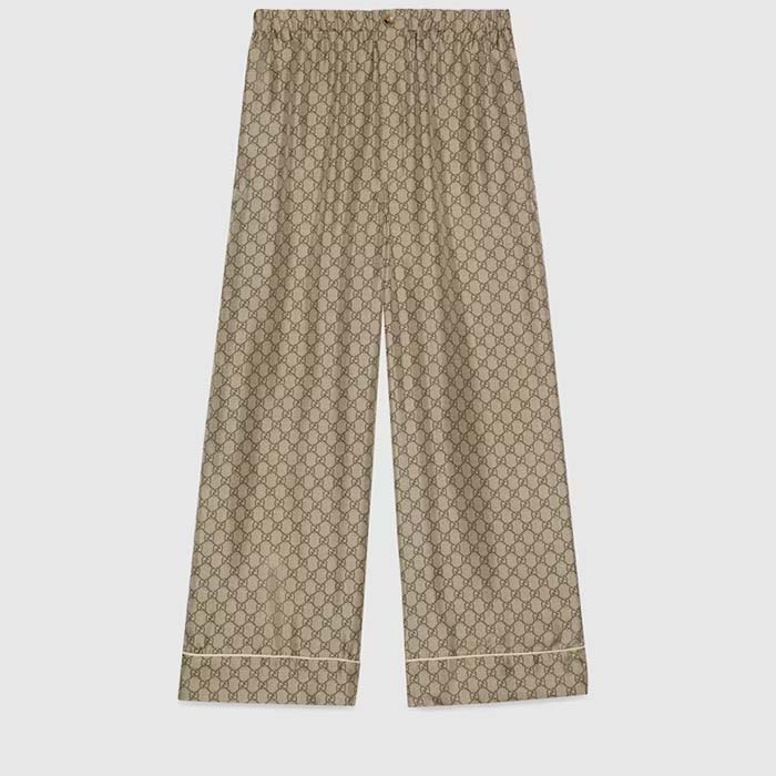 Gucci Women GG Supreme Silk Pant Beige Ebony Piped Unlined Elastic Waist Two Side Pockets Wide Leg