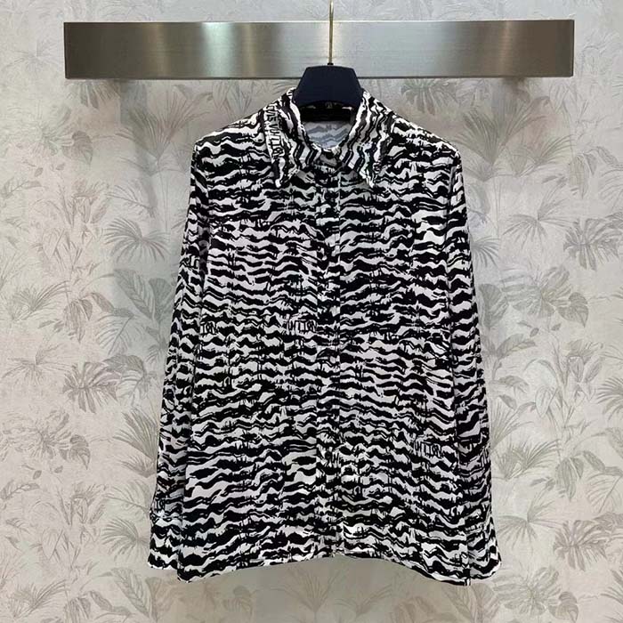 Louis Vuitton Women LV Ink Tiger Silk Shirt Silk Black White Regular Fit