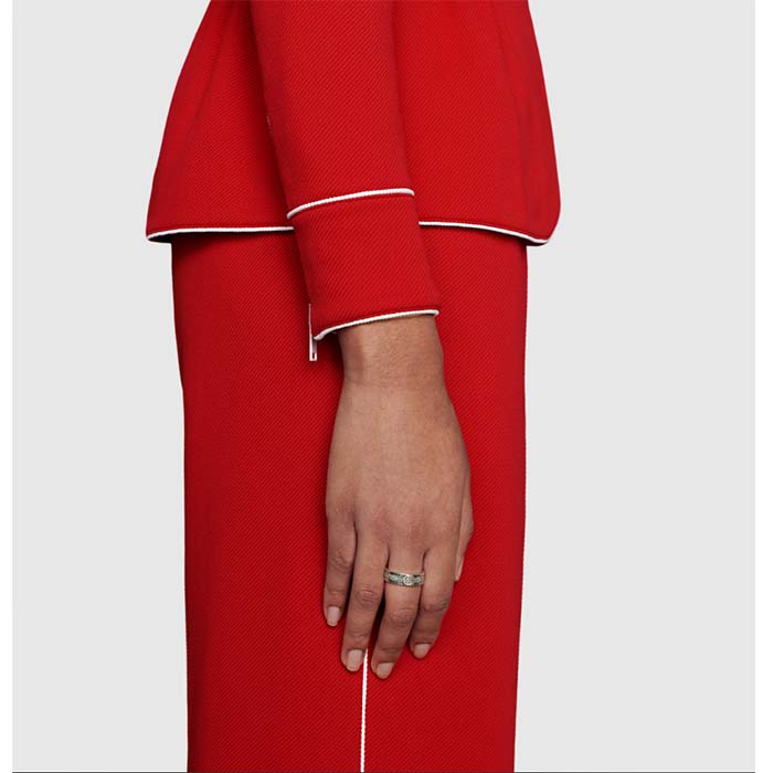 Gucci Unisex GG Ring Interlocking G 925 Sterling Silver Brown Turquoise Enamel Engraved Trim