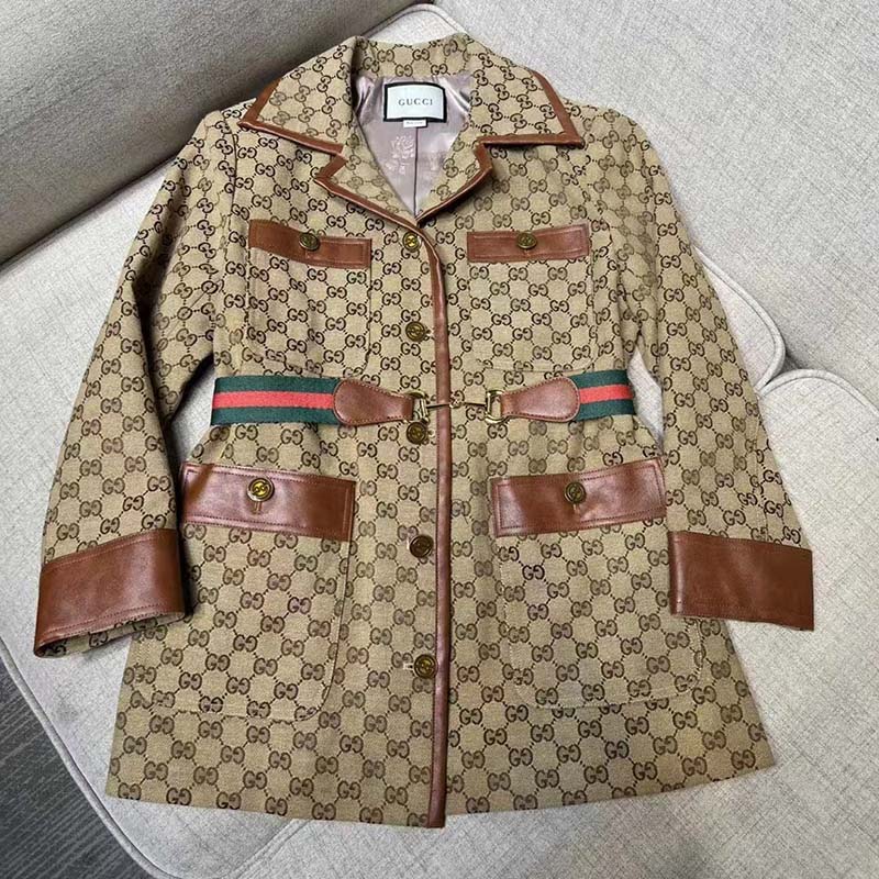 Gucci Women GG Canvas Jacket Web Belt Cotton Camel Ebony Point Collar