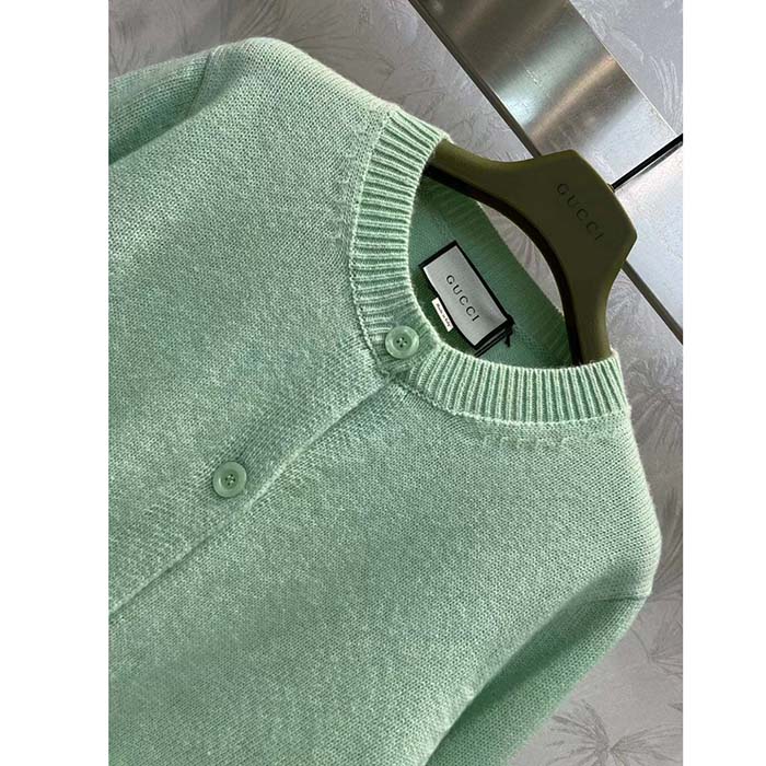 Gucci Women GG Fine Cashmere Cardigan Interlocking G Light Green Crewneck Long Sleeves