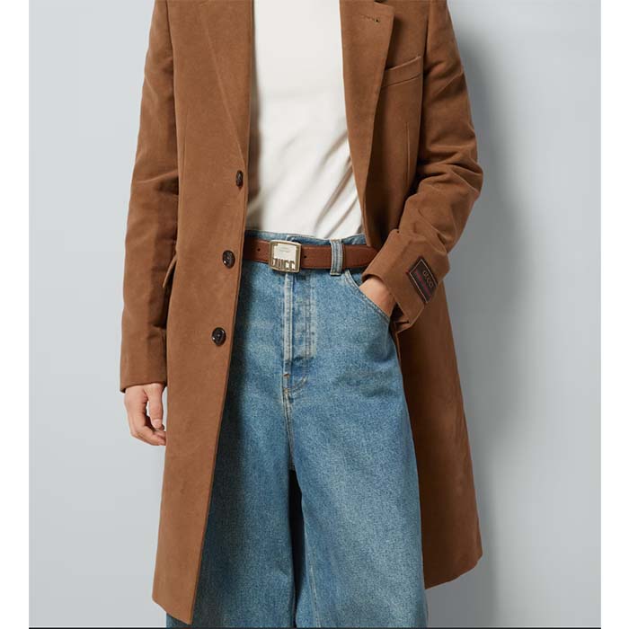 Gucci Unisex GG Belt Gucci Plaque Buckle Brown Leather Palladium-Toned Hardware