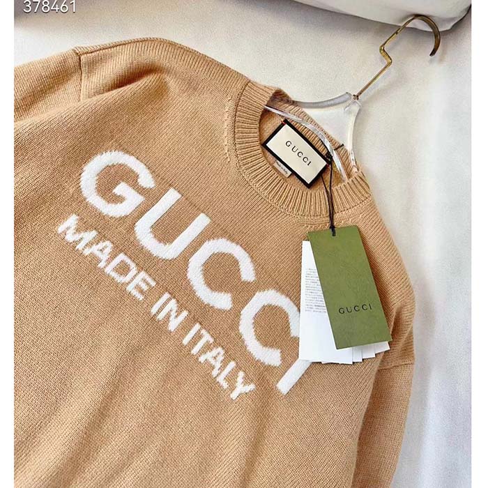 Gucci Women GG Wool Top Gucci Intarsia Camel Wool Crewneck Dropped Shoulder Long Sleeves Rib