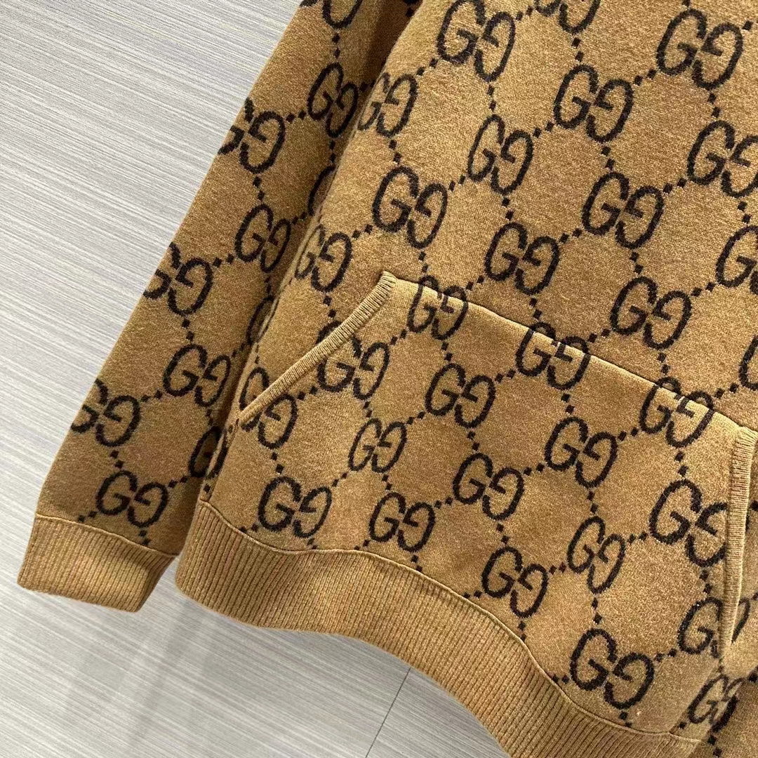 Gucci Women GG Wool Hooded Sweatshirt Camel Ebony Fixed Hood Kangaroo Pocket Rib