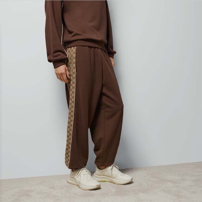 Gucci Men Cotton Jersey Sweatpants Brown Light GG Canvas Elastic Cuffs Relaxed Fit