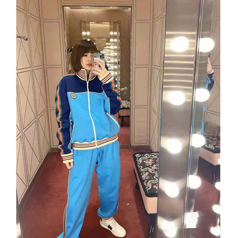 Gucci Women Technical Jersey Zip-Up Jacket with Web Interlocking G-Blue