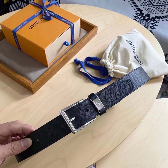 Louis Vuitton Unisex Pont Neuf 35 MM Width Black Taiga Calf Leather Brass Buckle