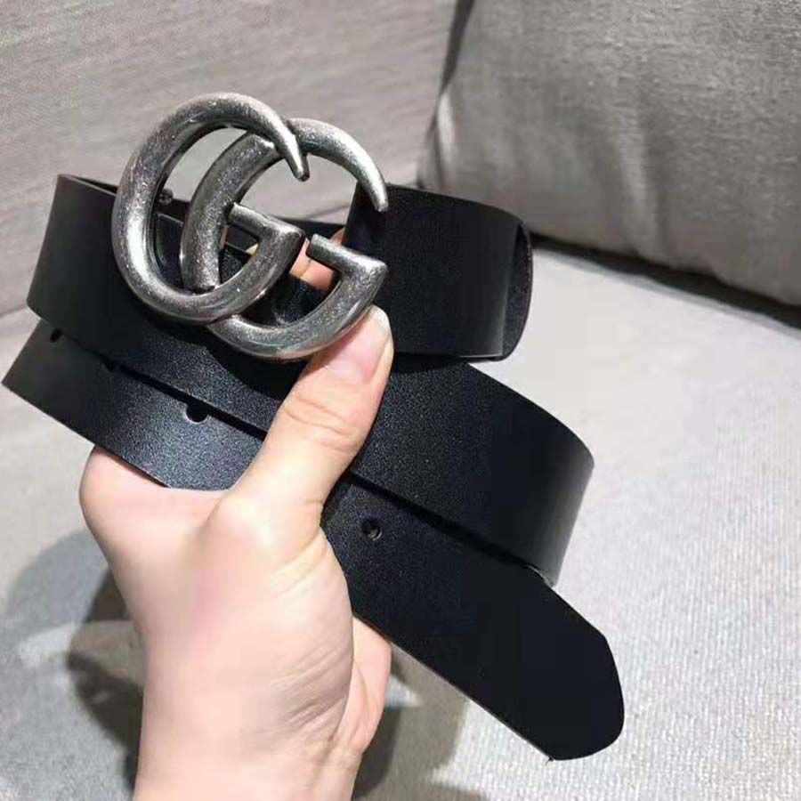 Gucci Unisex Leather Belt with Double G Buckle in 2.5cm Width-Black and Silver