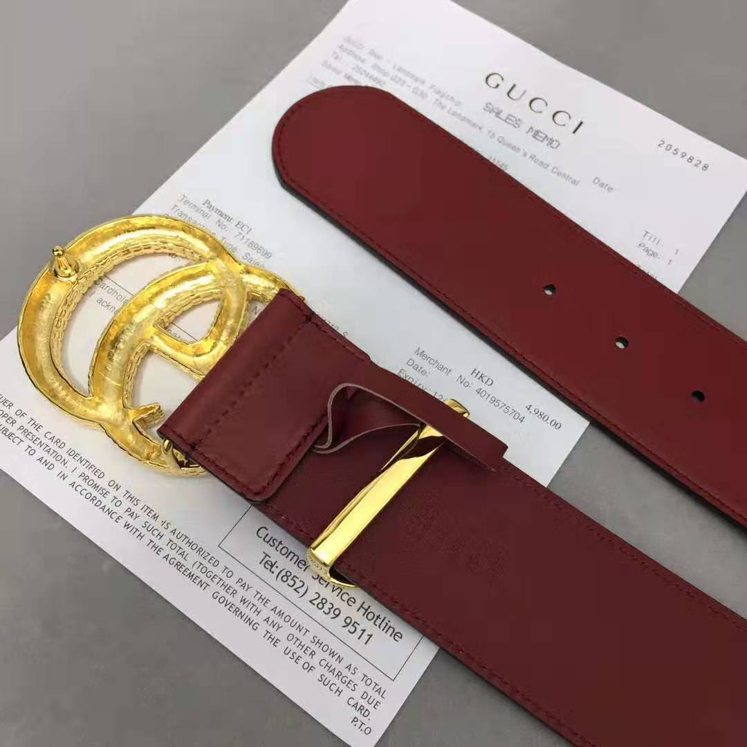 Gucci Unisex Leather Belt with Double G Buckle in Burgundy Leather