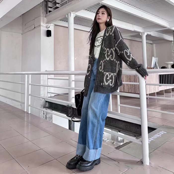 Gucci Women Reversible GG Mohair Cardigan Wool V-Neck Front Pockets