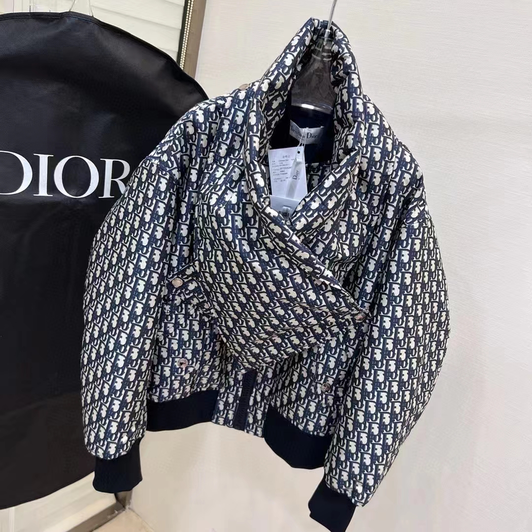 Dior Men CD Bomber Jacket Criss Cross Collar Blue Ecru Technical Taffeta Jacquard Oblique Motif