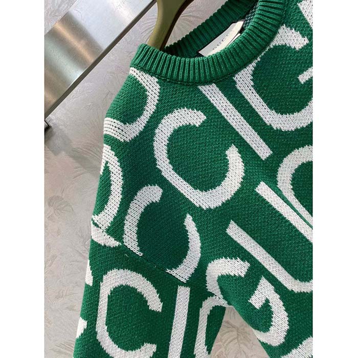 Gucci Women GG Wool Sweater Gucci Intarsia Green Crewneck Dropped Shoulder