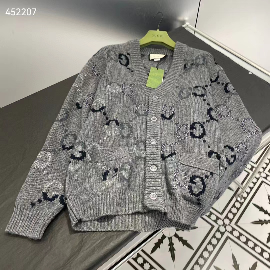 Gucci Women Wool Cardigan GG Intarsia Grey Allover V-Neck Dropped Shoulder Long Sleeves Style ‎770507 XKDSJ 1128