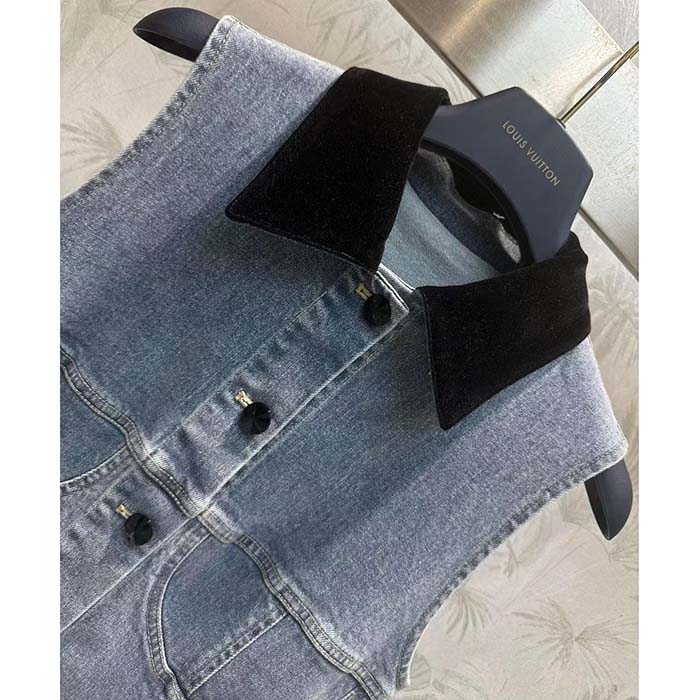 Louis Vuitton Women LV Velvet Accent Denim Dress Cotton Blue Regular Fit 1AFDDN