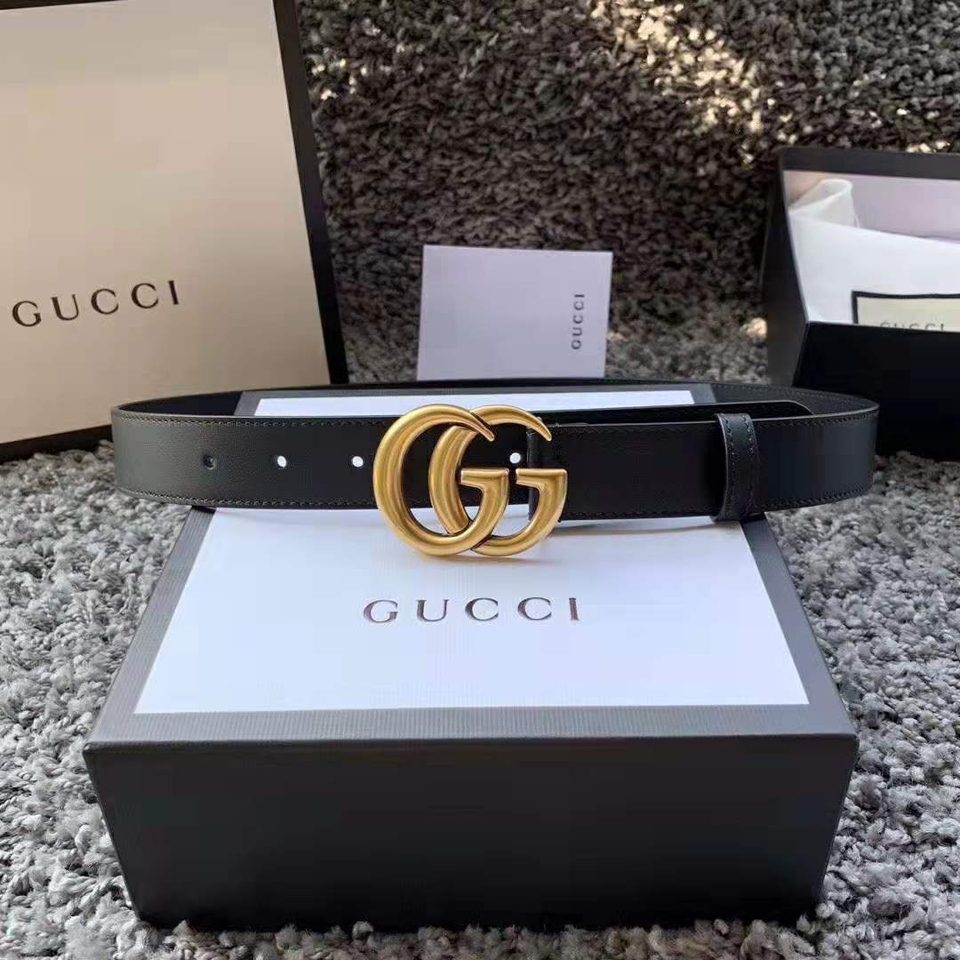 Gucci Unisex Leather Belt with Double G Buckle in 2.5cm Width-Black