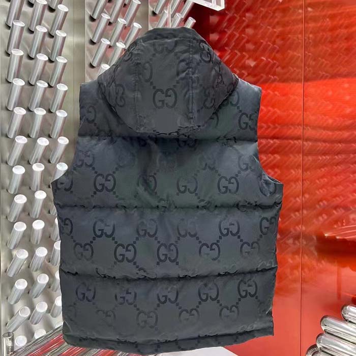 Gucci Women Jumbo GG Canvas Vest Padding Front Pockets Zip Closure Hood Zip Pocket