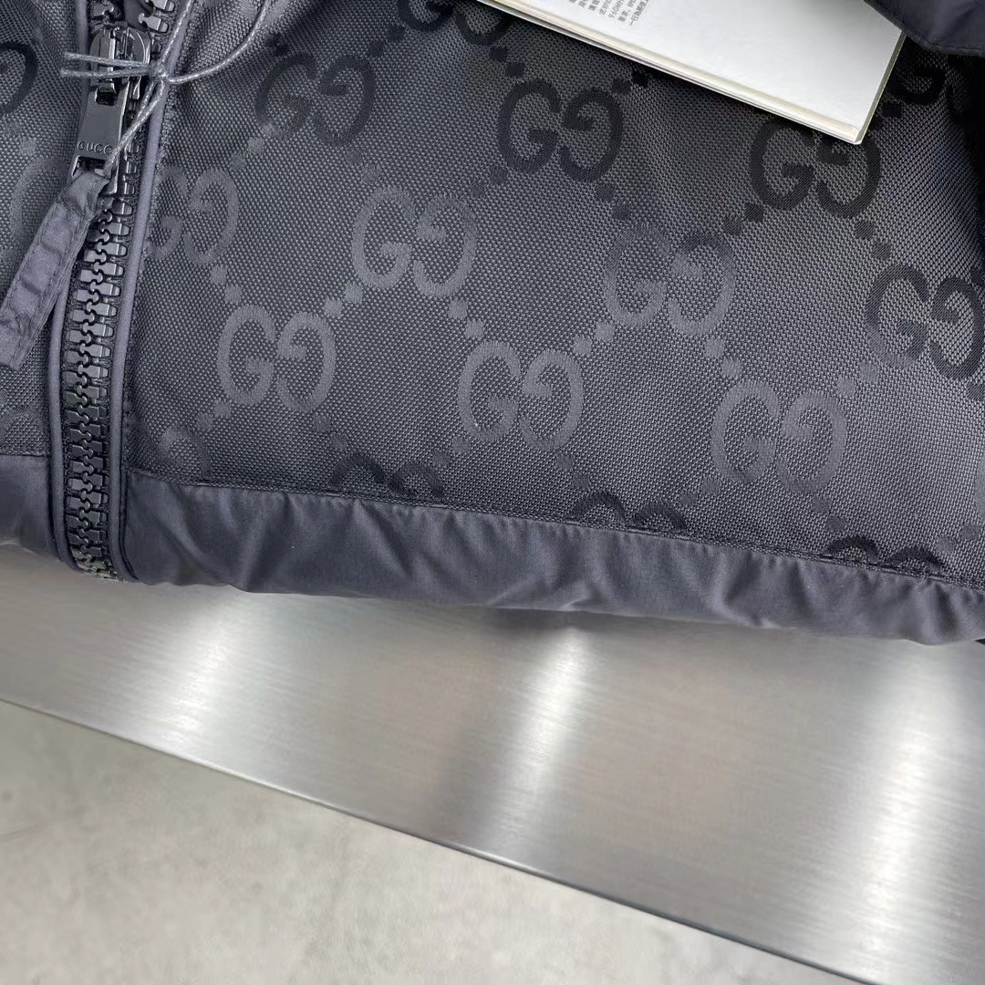 Gucci Women Nylon Down Jacket GG Iserts Black Canvas High Neck Velcro Cuffs Zip Closure