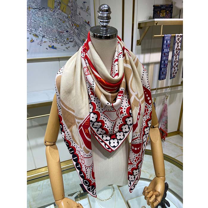 Louis Vuitton LV Women Precious Rabbit Square 70 Red Silk-Screen Print Monogram Flowers