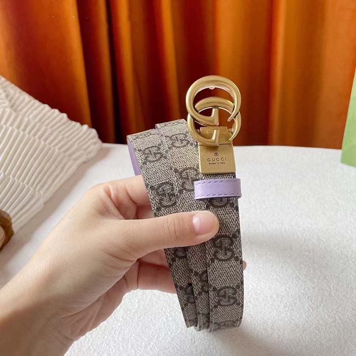 Gucci Unisex Marmont Reversible Thin Belt Beige Ebony GG Supreme Canvas Purple Leather