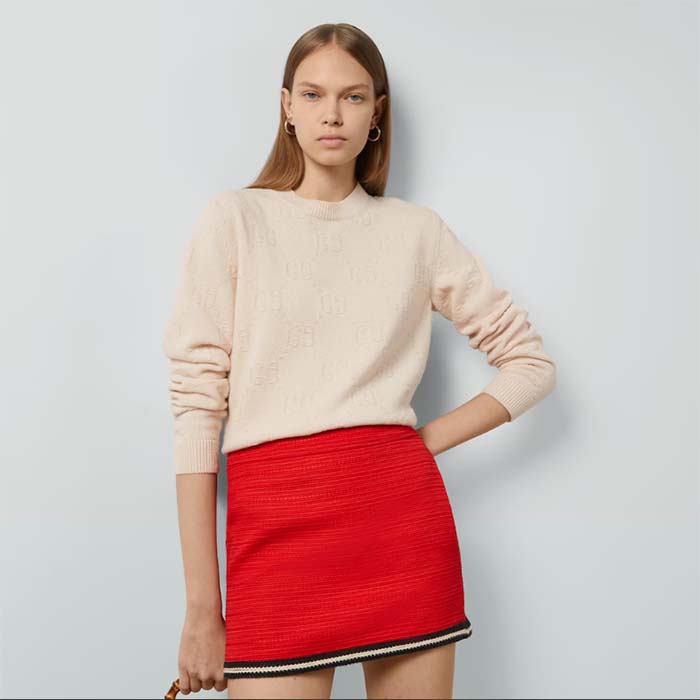 Gucci Women GG Wool Sweater Cream Crewneck Dropped Shoulder Long Sleeves