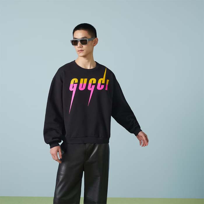 Gucci Men GG Cotton Jersey Printed Sweatshirt Black Felted Blade Print Crewneck Long Sleeves