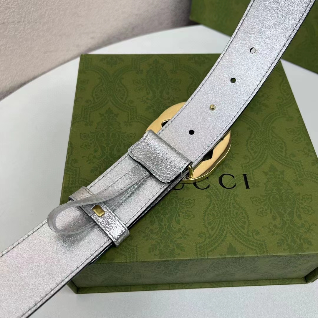 Gucci Unisex GG Interlocking G Buckle Wide Belt Silver Leather 4.6 CM Belt