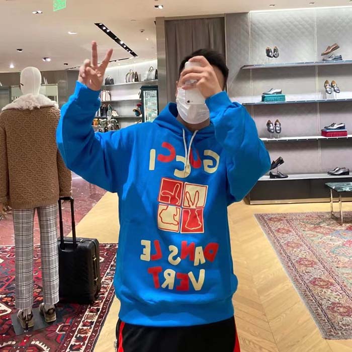 Gucci Men GG Cotton Jersey Sweatshirt Turquoise Felted Cotton Jersey Long Sleeves