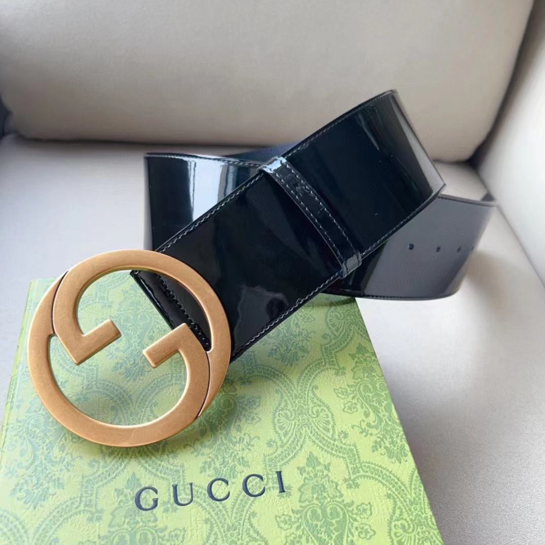 Gucci Unisex GG Blondie Wide Patent Belt Round Interlocking G 7 CM Width