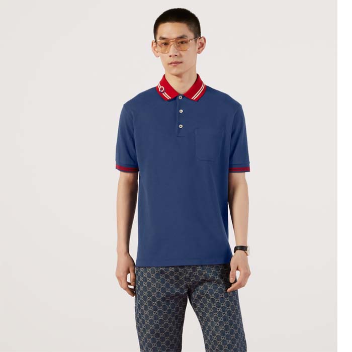 Gucci Men Cotton Piquet Polo Interlocking G Side Vents Short Sleeves