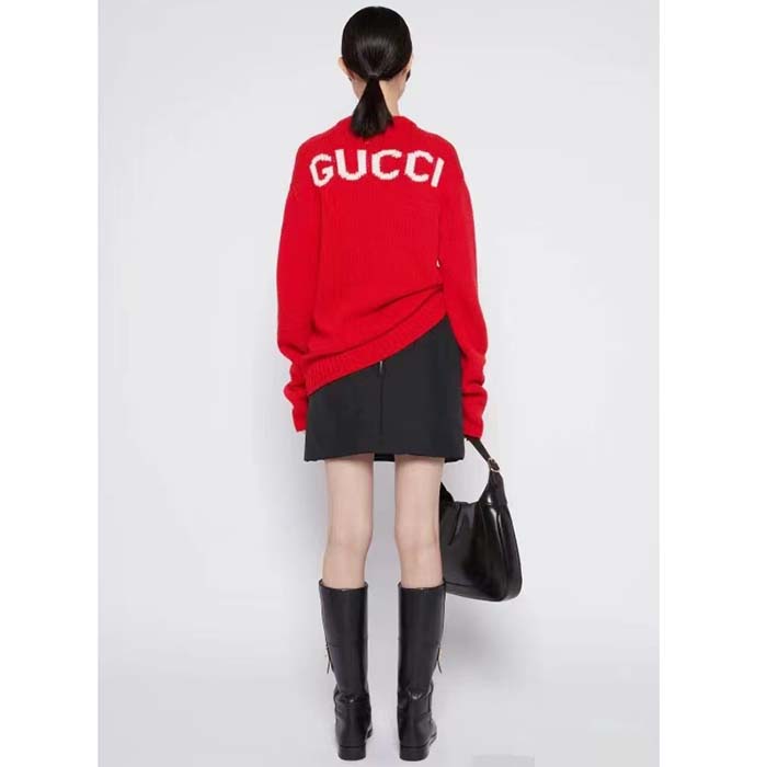 Gucci Women GG Wool Top Gucci Intarsia Red Crewneck Dropped Shoulder Long Sleeves