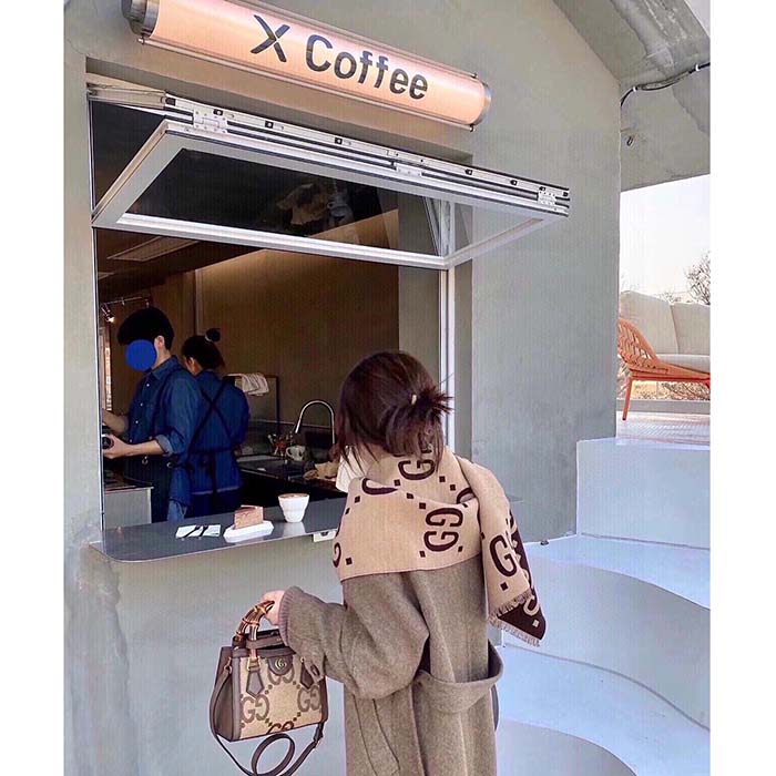 Gucci Unisex GG Jacquard Wool Silk Scarf Brown Beige GG Jacquard Wool Silk