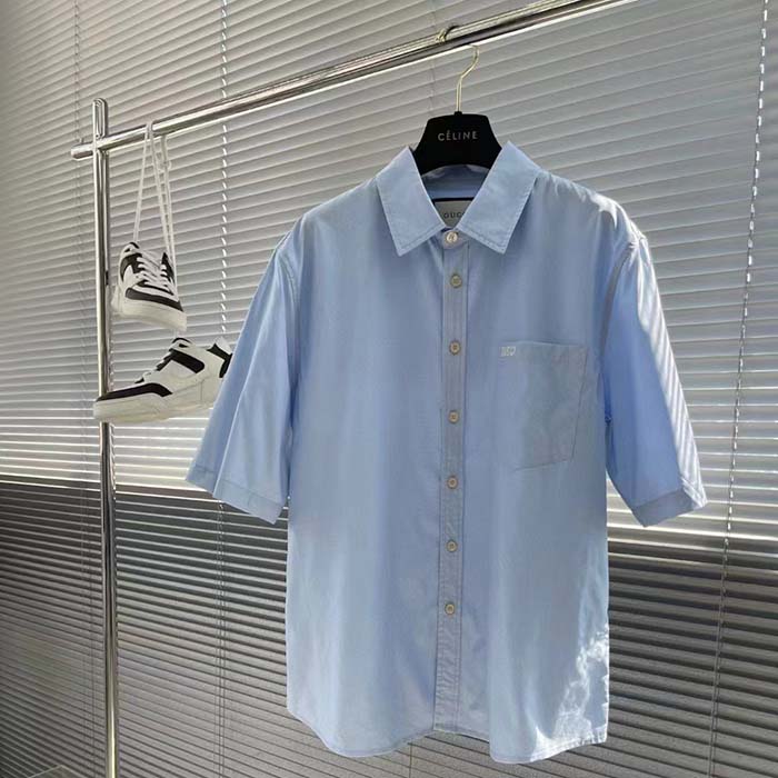 Gucci Men Cotton Poplin Embroidery Light Blue Piece Dyed Point Collar Detachable Sleeves