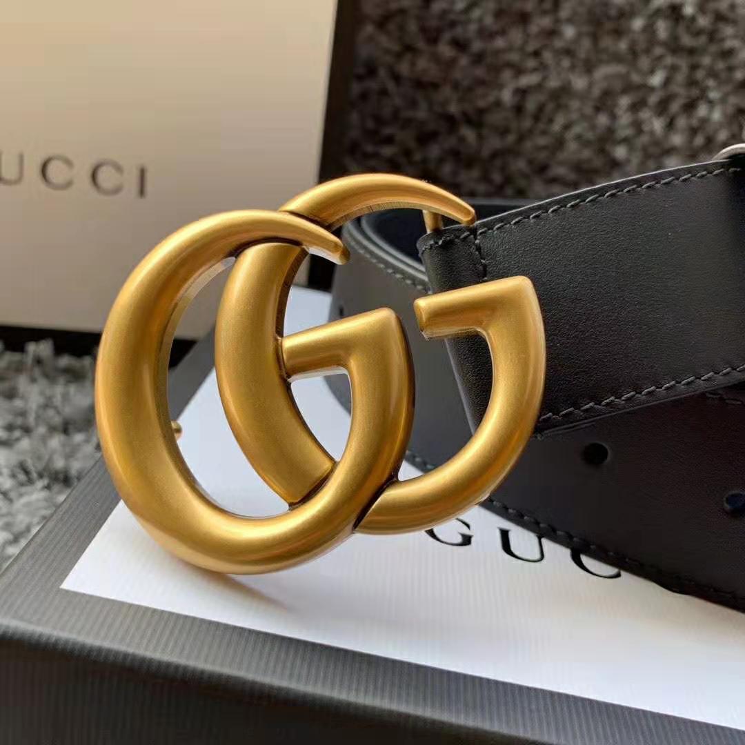Gucci Unisex GG Marmont Leather Belt with Shiny Buckle in 3.8cm Width-Black