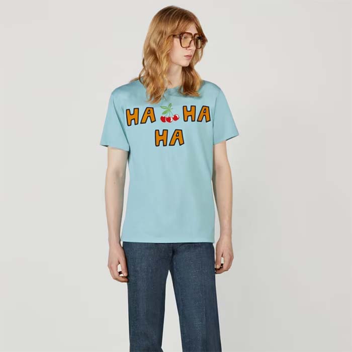 Gucci Men GG HA HA HA Cherry T-Shirt Light Blue Medium Cotton Jersey Crewneck