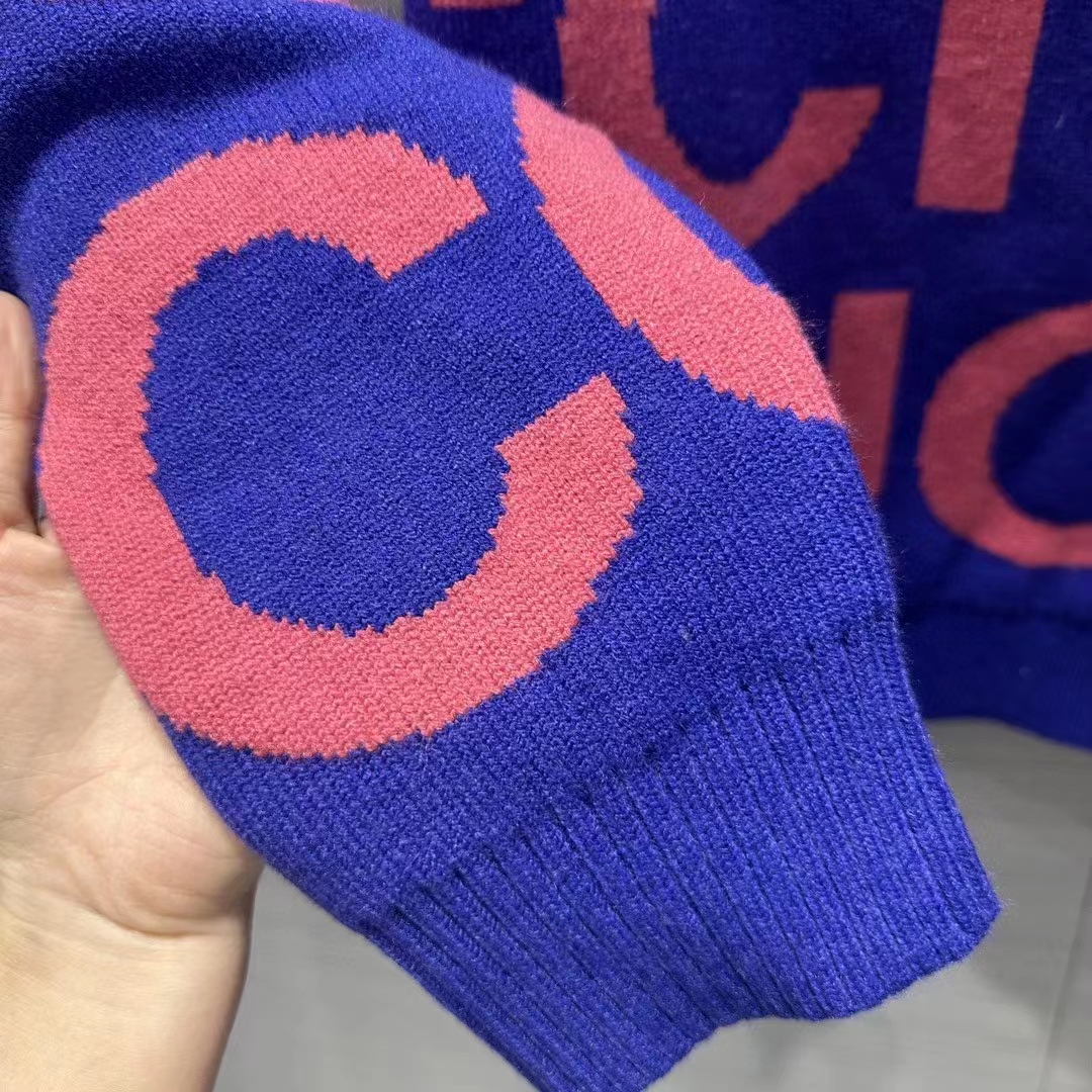 Gucci Women GG Wool Sweater Gucci Intarsia Blue Crewneck Dropped Shoulder